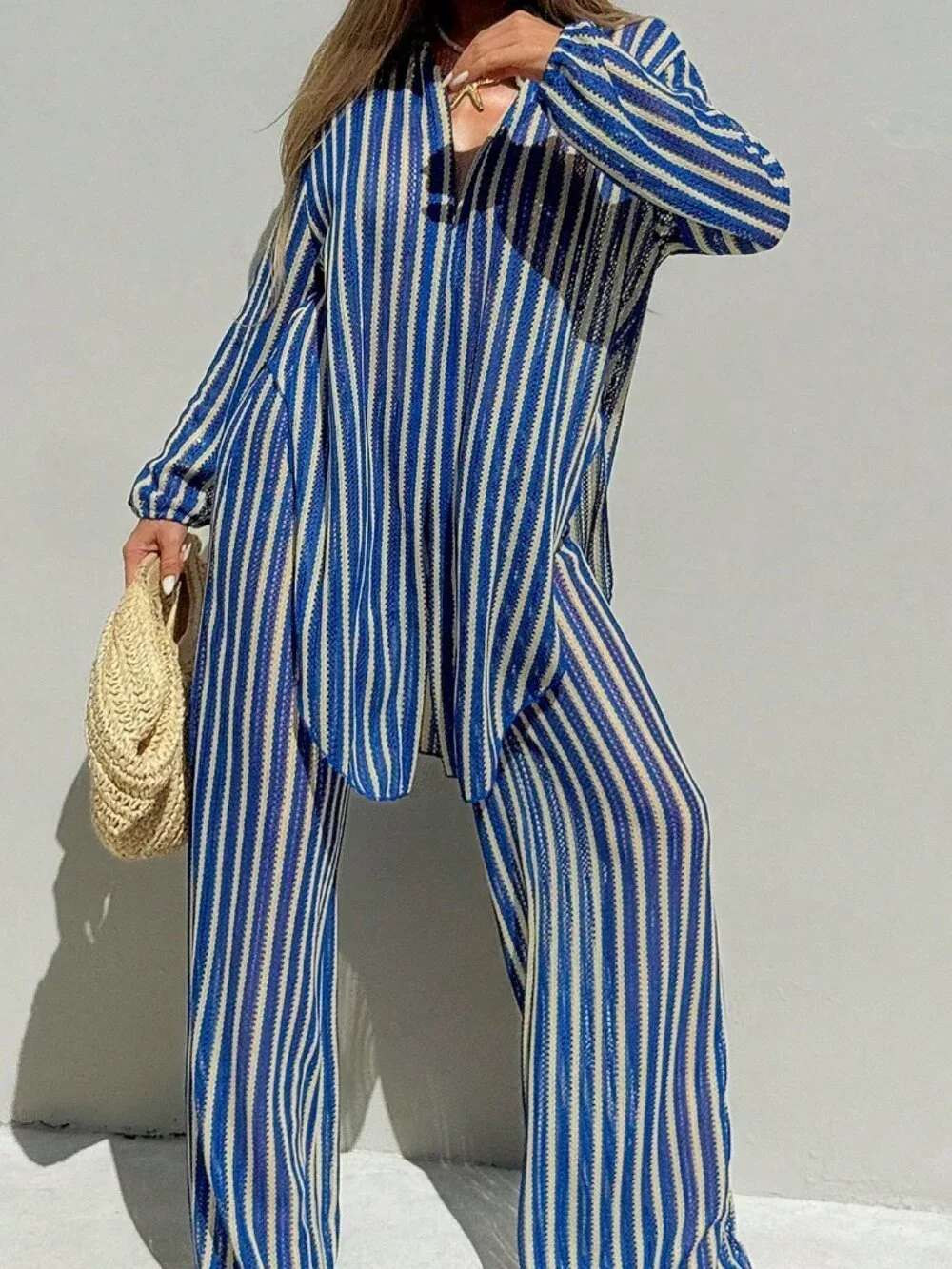 Blue And White Striped Women's Jacquard Fabric Open Front Shirt Collar Cover-Up